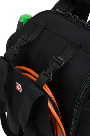 Swissgear 1035 Pro Toolbag Backpack - Black Equipped with multiple accessory clips for securing additional gear externally, enabling you to tailor your setup for different job requirements