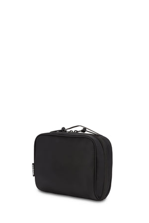 Swissgear 2698 Toiletry-Tech Kit - Clamshell styled case with one half featuring a zippered toiletry compartment and the other featuring multiple storage pockets and elastic straps for cords, adaptors, and other small items.