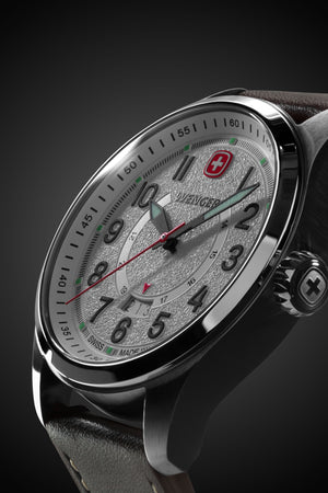 Wenger Terragraph Watch - Stainless Steel with White Dial and Dark Brown Leather Strap