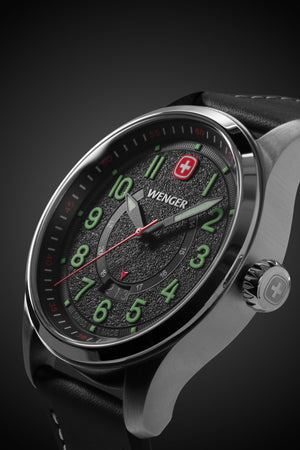Wenger Terragraph Watch - Stainless Steel with Black Dial and Black Leather Strap