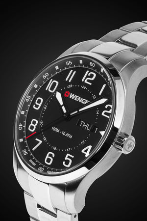 Wenger Attitude Swiss Watch in Stainless Steel with Black Dial and Stainless Steel Bracelet