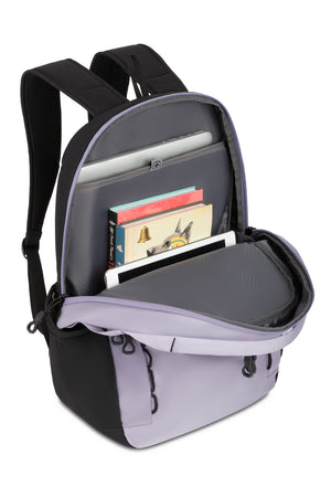 Swissgear Versa 16 inch Laptop Backpack - Lavender Gray Main compartment features a padded pocket for a laptop up to 16 inches in size, a padded pocket that fits an 11