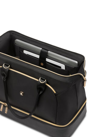 SWISSGEAR 1098 Weekender Tote Travel Bag - Black/Gold Spacious main compartment includes a padded laptop pocket (fits up to 15”) plus a tablet pocket with a securing strap and a zippered accessory side pocket for organized storage.