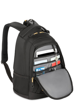 SWISSGEAR 1186 Laptop Backpack - Special Edition - Black Gold Organizer compartment includes a padded tablet pocket, a removable key/fob clip and multiple divider pockets for pens, mobile phone, ID card and memory stick