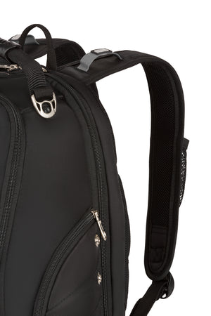 Swissgear 1696 ScanSmart Laptop Backpack Ergonomically contoured, padded shoulder straps with built-in suspension, breathable mesh fabric, sunglasses holder loop, accessory pocket and thumb ring adjuster