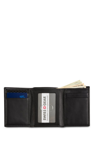 Swissgear Napa Leather Trifold Wallet Compact, trifold design opens to reveal plenty of space for cards, IDs, and currency