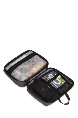 Swissgear 2679 2-in-1 Toiletry-Tech Kit Clamshell design includes a zippered pullout wet bag for toiletries or damp items and multiple storage pockets with several elastic straps to hold cords or brushes and other cosmetic needs
