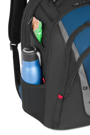 Wenger Ibex 17 inch Laptop ScanSmart Backpack - Black/Gray/Blue Mesh side pockets are sized to hold a water bottle or umbrella