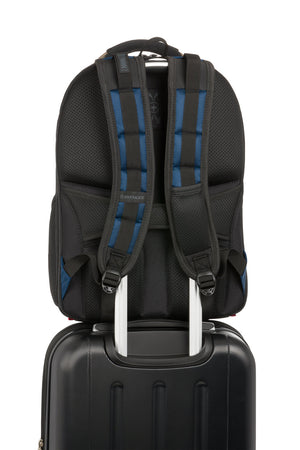 Wenger Ibex 17 inch Laptop ScanSmart Backpack - Black/Gray/Blue Pass-Thru trolley sleeve slides over the handle of wheeled luggage for easy travel with multiple bags