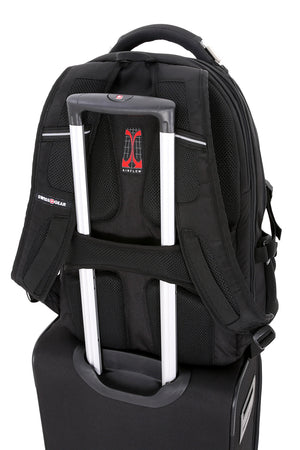 Swissgear 2769 ScanSmart Laptop Backpack Add-a-bag panel fits over the extension handle of rolling luggage for secure stacking
