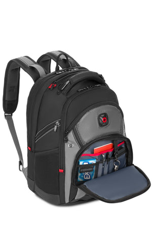 Wenger Synergy Pro 16 inch Laptop Backpack - Black/Gray Front, zippered organizer panel has multiple divider pockets for pens, chargers, keys and fobs, flash drives, a cell phone, and other necessities