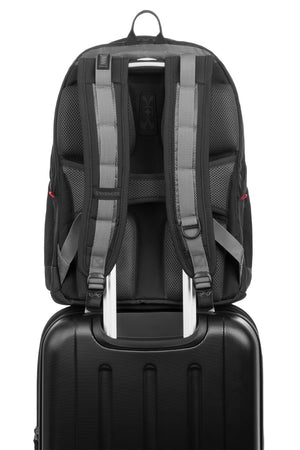 Wenger Synergy Pro 16 inch Laptop Backpack - Black/Gray Add-a-bag strap fits over the extension handle of rolling luggage for secure stacking