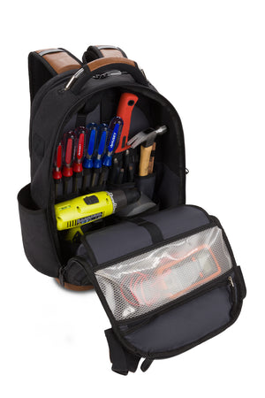 SWISSGEAR 3636 USB Work Pack Pro Tool Backpack Large main compartment with clear PVC pocket, hook and loop closure pocket, and removable tool caddy with 34 organizer slots 