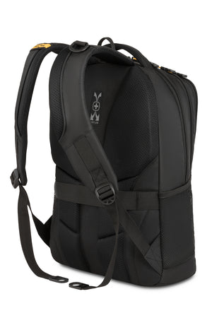 SWISSGEAR 5505 Laptop Backpack - Special Edition - Black/Gold Ergonomically contoured, padded shoulder straps with breathable mesh fabric, thumb ring adjuster pulls and D-ring buckle to attach gear to