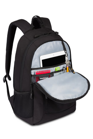 Swissgear 6621 Laptop Backpack Front organizer panel has a key fob clip and multiple divider pockets for pens, a cell phone, ID card, memory stick and other necessities