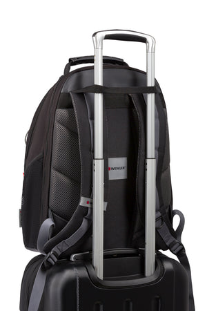 Wenger Legacy 16 inch Laptop Backpack - Black/Gray Pass-Thru trolley sleeve slides over the handle of wheeled luggage for easy travel with multiple bags