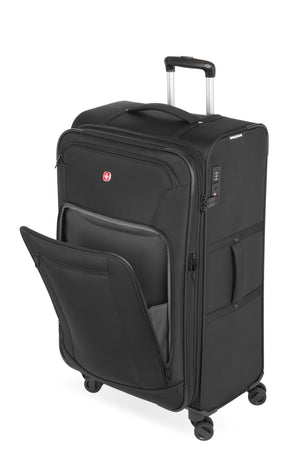 SWISSGEAR 7070 Large Expandable Spinner A trio of zippered front pockets, including a deep gusseted pocket, plus a handy 'ticket' pocket' allow you to stay organized on the go