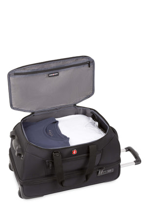 SWISSGEAR Zurich Wheeled 48L Duffel Bag - Black with Large main compartment with zippered mesh flat packing pocket