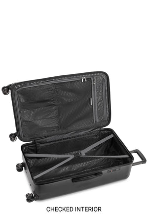 Energie Expandable Spinner 2 Piece Trunk Set - Black Large split case interiors with adjustable clothing tie-down straps