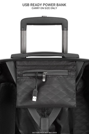 Energie Expandable Spinner 2 Piece Trunk Set - Black with internal battery pack pocket for instant on-the-go device charger (Carry On Only - battery pack NOT INCLUDED)