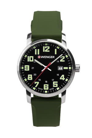 Wenger Avenue Watch - Stainless Steel with Black Dial and Green Silicone Strap