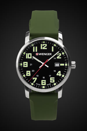 Wenger Avenue Watch - Stainless Steel with Black Dial and Green Silicone Strap