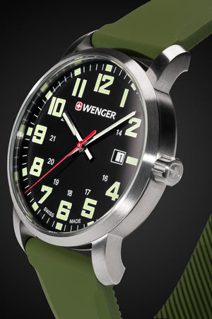 Wenger Avenue Watch - Stainless Steel with Black Dial and Green Silicone Strap