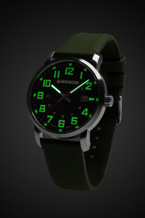 Wenger Avenue Watch - Stainless Steel with Black Dial and Green Silicone Strap