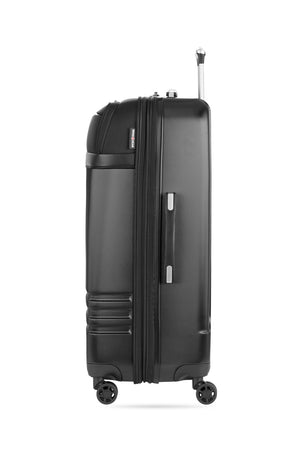 SWISSGEAR 7635 Expandable Hybrid Spinner 3 Piece Set – Black Durable co-molded top and side handles integrate soft rubber hand grips (no side handle on Carry-on)