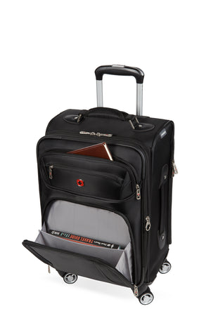 Wenger Identity Expandable Laptop Carry On Spinner Luggage Large, zippered, exterior front pocket has a built-in divider