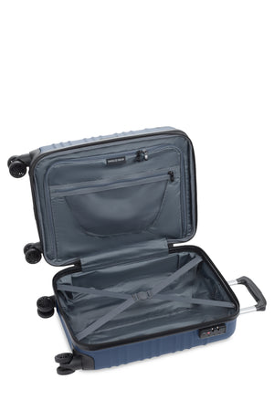 SWISSGEAR 8027 19” Expandable Carry On Hardside Spinner Luggage - Navy Split case construction with elastic clothes compression straps on one side and a zippered 