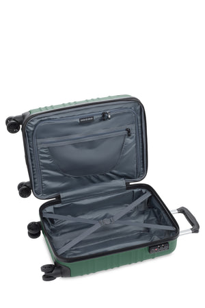 SWISSGEAR 8027 19” Expandable Carry On Hardside Spinner Luggage - Forest Green Split case construction with elastic clothes compression straps on one side and a zippered separator panel with a large, zippered flat pocket in the other.