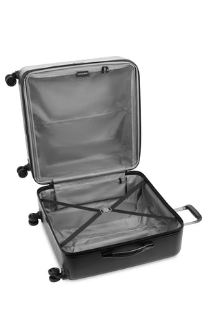 SWISSGEAR Wanderlust Pro Big Box Expandable Spinner 5 Piece Set – Black Large split case interior with zippered mesh separator, elastic tie-down clothing straps, and zippered accessory pocket