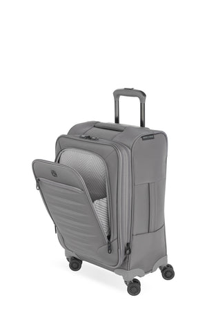 SWISSGEAR 8099 21 Inch Expandable Spinner Carry On Luggage - Gray Two exterior zippered pockets: a small 'ticket pocket' for your passport and essentials, plus a deep, molded EVA and gusseted pocket for larger items.