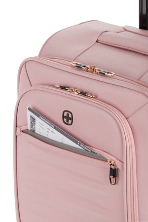 SWISSGEAR Opulence 19 Inch Expandable Spinner Carry On Luggage - Blush - Two exterior zippered pockets: a small 'ticket pocket' for your passport and essentials, plus a deep gusseted pocket for larger items.