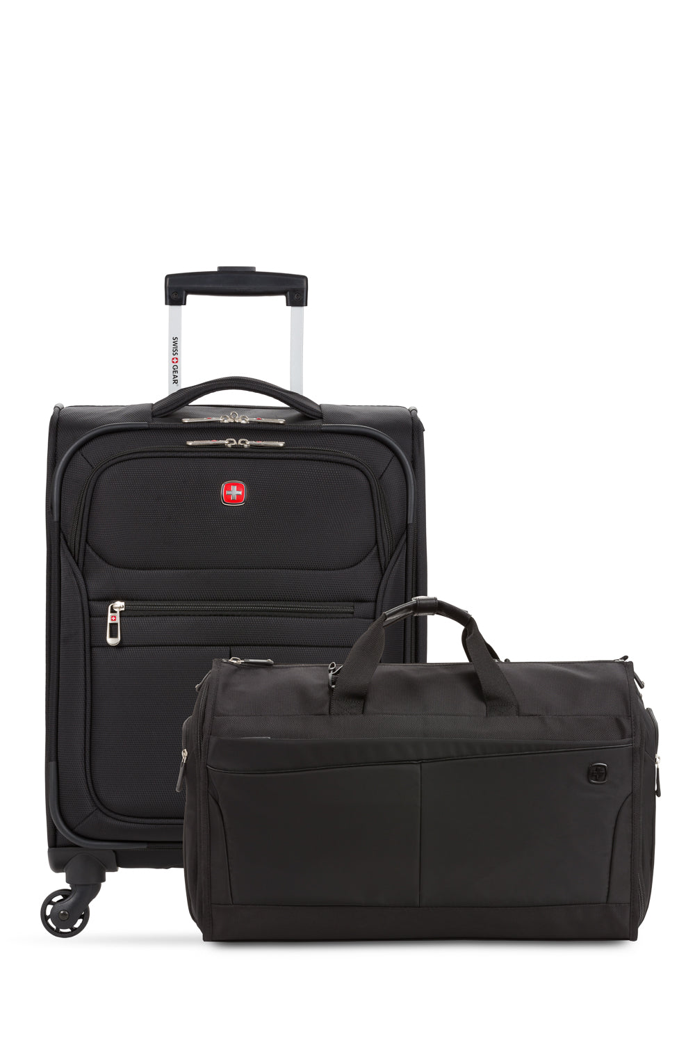 Swissgear 2pc Weekend Luggage Set Comprised of an 18” carry-on spinner upright case and a 21” garment duffel bag