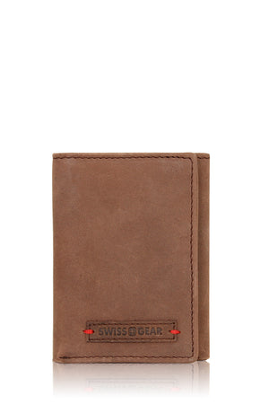 Swissgear Rugged Leather Red Stitch Trifold Wallet - Brown