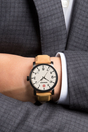Swissgear Legacy Watch - Black with Cream Dial & Light Brown Strap