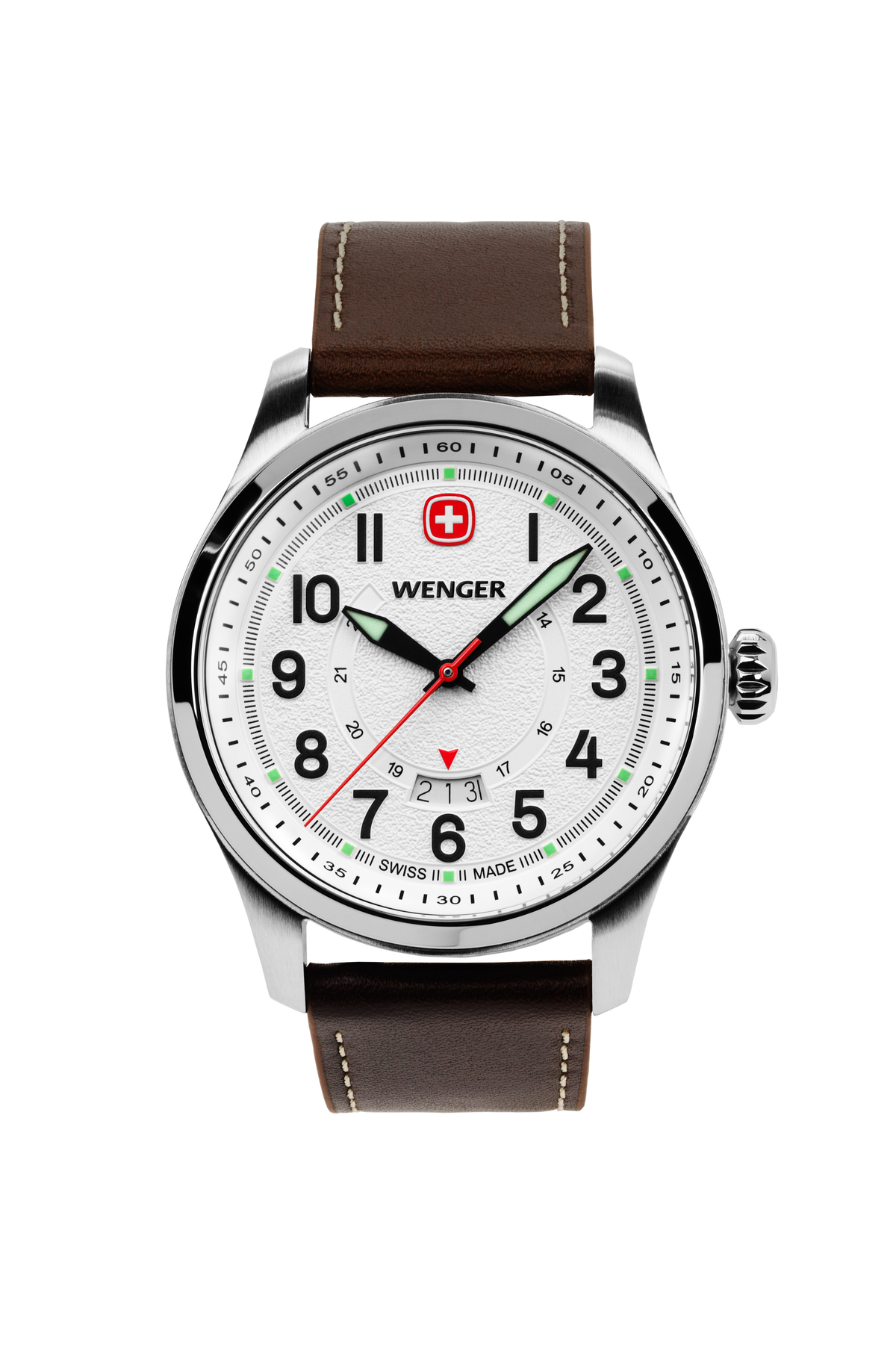 Wenger Terragraph Swiss Watch in Stainless Steel with White Dial and Dark Brown Leather Strap