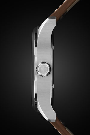 Wenger Terragraph Watch - Stainless Steel with White Dial and Dark Brown Leather Strap Flat, mineral glass crystal minimizes reflection, increases durability, and helps prevent scratches