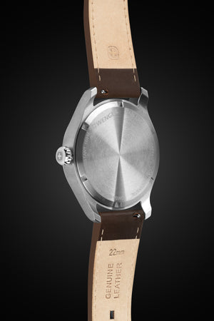 Wenger Terragraph Watch - Stainless Steel with White Dial and Dark Brown Leather Strap Screw-in caseback ensures the integrity of the water resistance versus clip-in back cases.