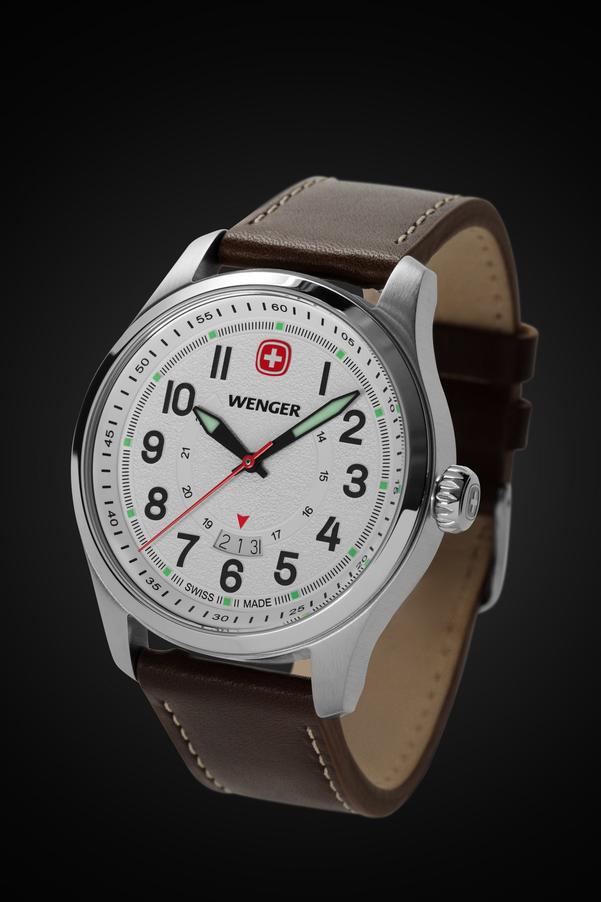 Wenger Terragraph Watch - Stainless Steel with White Dial and Dark Brown Leather Strap Case, bezel, caseback and crown are precision crafted in polished stainless to the highest Swiss standards, ensuring a lasting timepiece