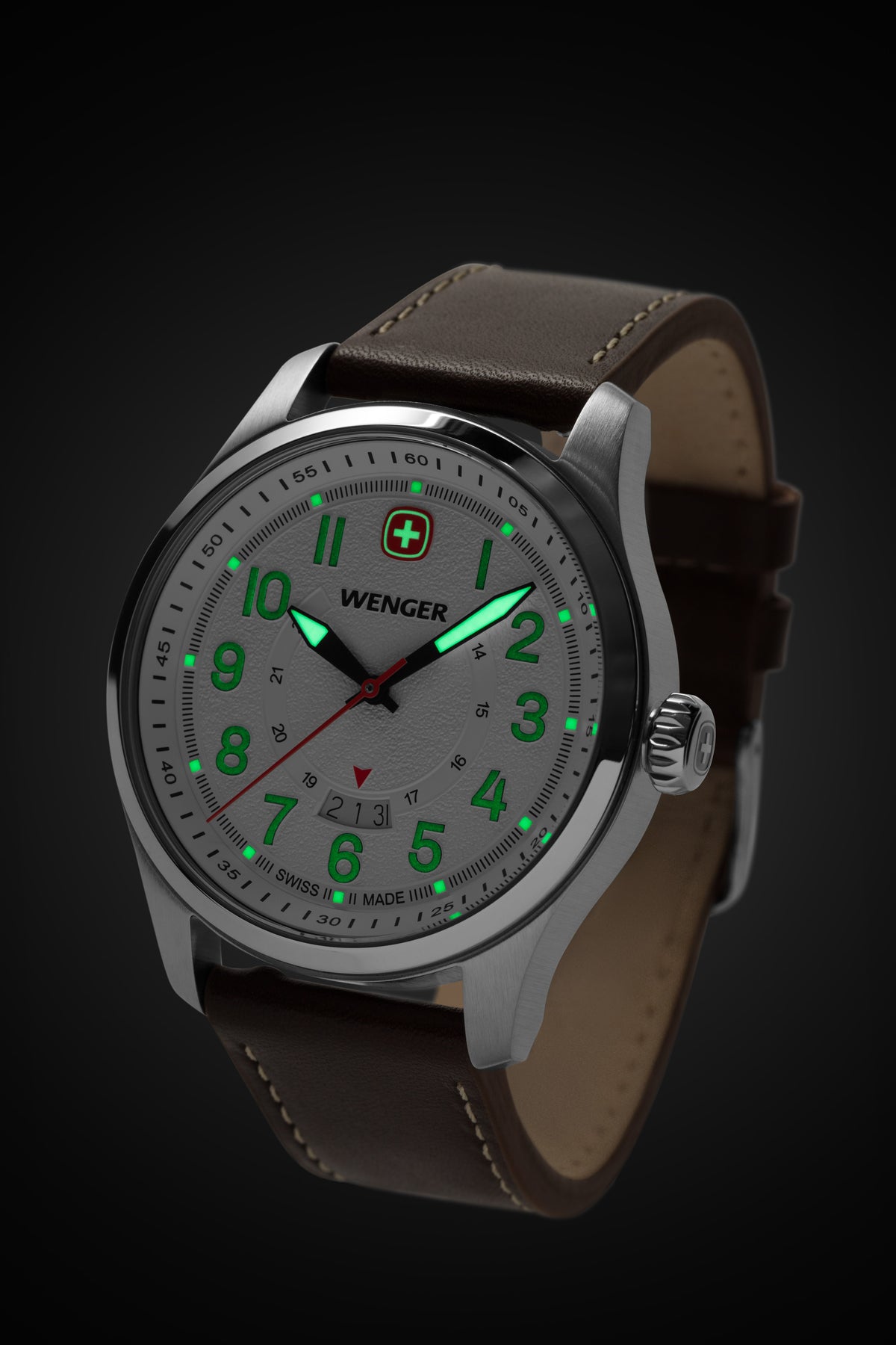 Wenger Terragraph Watch - Stainless Steel with White Dial and Dark Brown Leather Strap Super-Luminova® hands, hour markers and Wenger cross, plus a Swiss-red second hand, ensure readability in any situation