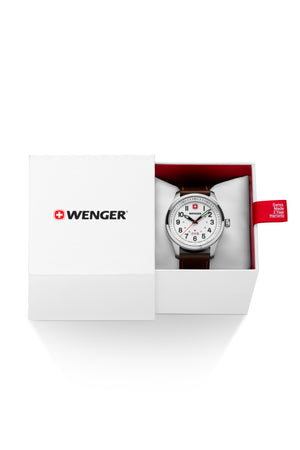 Wenger Terragraph Watch - Stainless Steel with White Dial and Dark Brown Leather Strap
