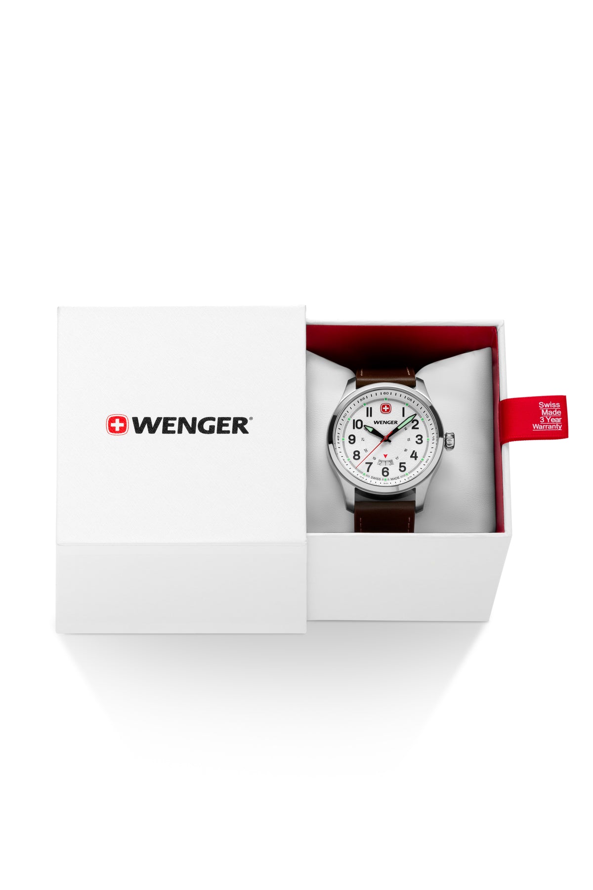 Wenger Terragraph Watch - Stainless Steel with White Dial and Dark Brown Leather Strap