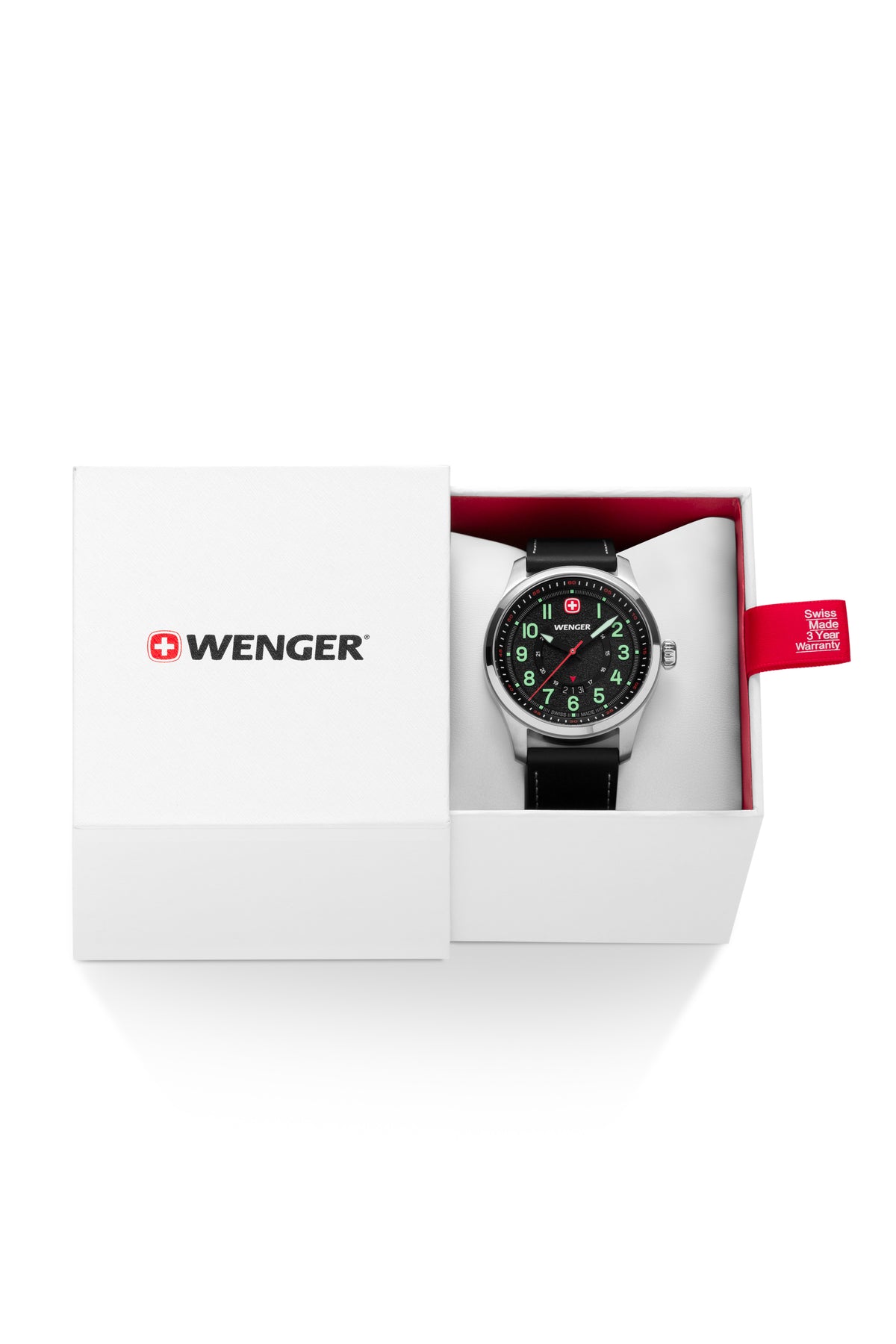 Wenger Terragraph Watch - Stainless Steel with Black Dial and Black Leather Strap