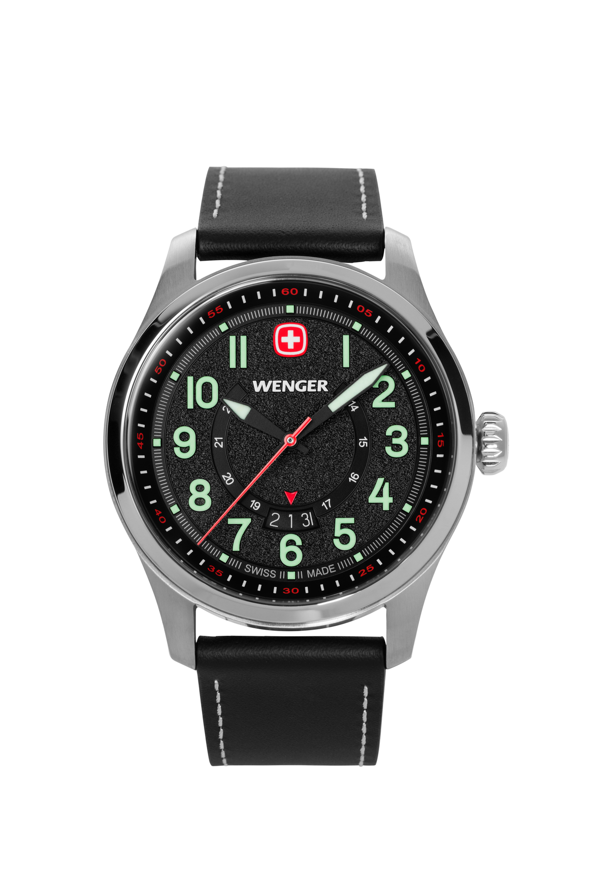 Wenger Terragraph Swiss Watch in Stainless Steel with Black Dial and Black Leather Strap