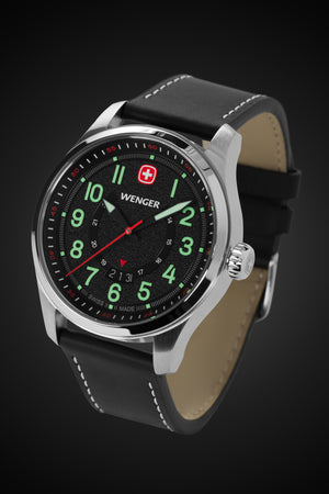 Wenger Terragraph Watch - Stainless Steel with Black Dial and Black Leather Strap