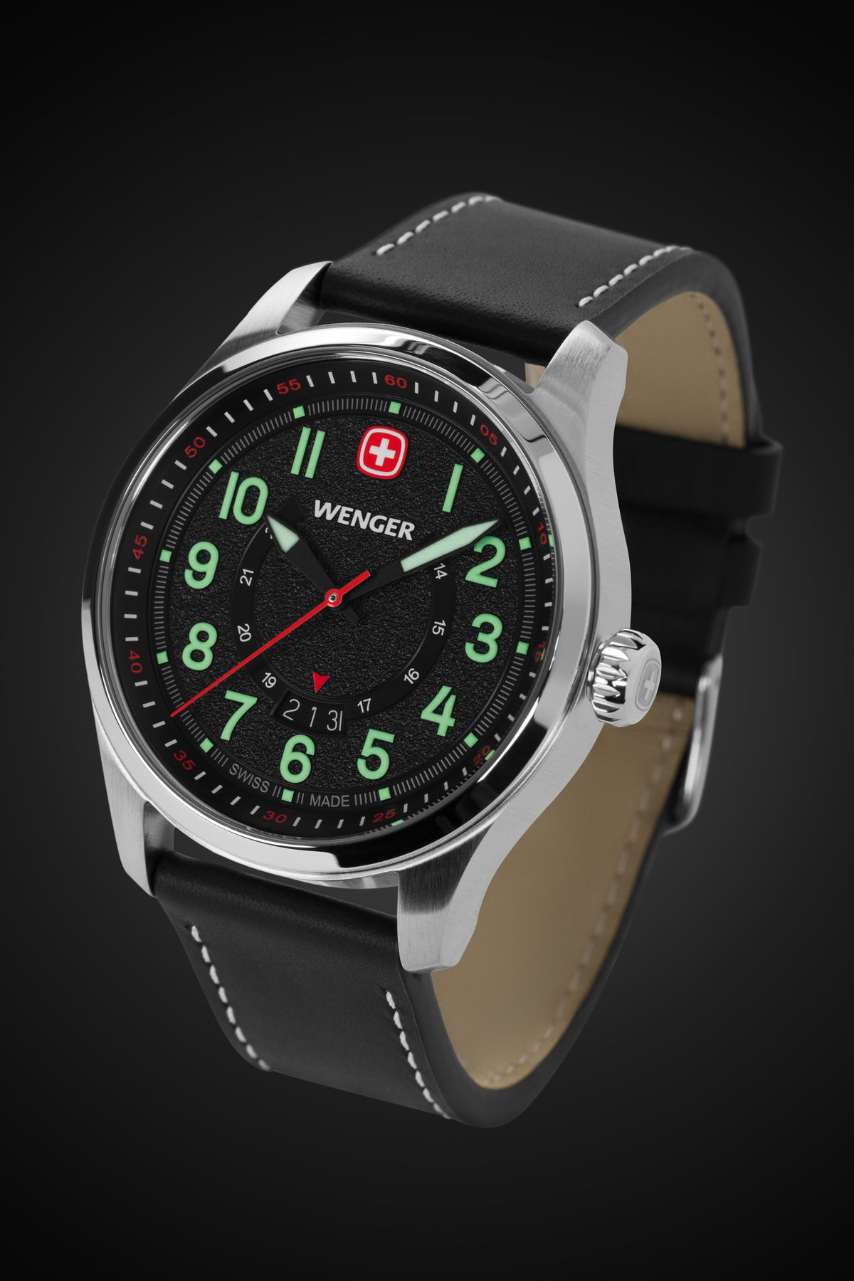 Wenger Terragraph Watch - Stainless Steel with Black Dial and Black Leather Strap