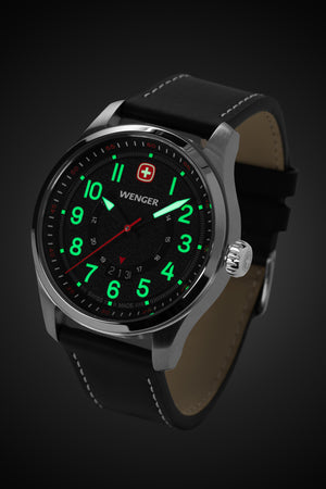 Wenger Terragraph Watch - Stainless Steel with Black Dial and Black Leather Strap